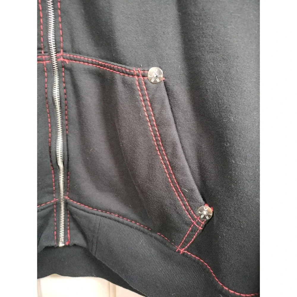 True Religion Mens XL Black Red Contrast Stitch Full Zip Hoodie Buddha Worldtour
